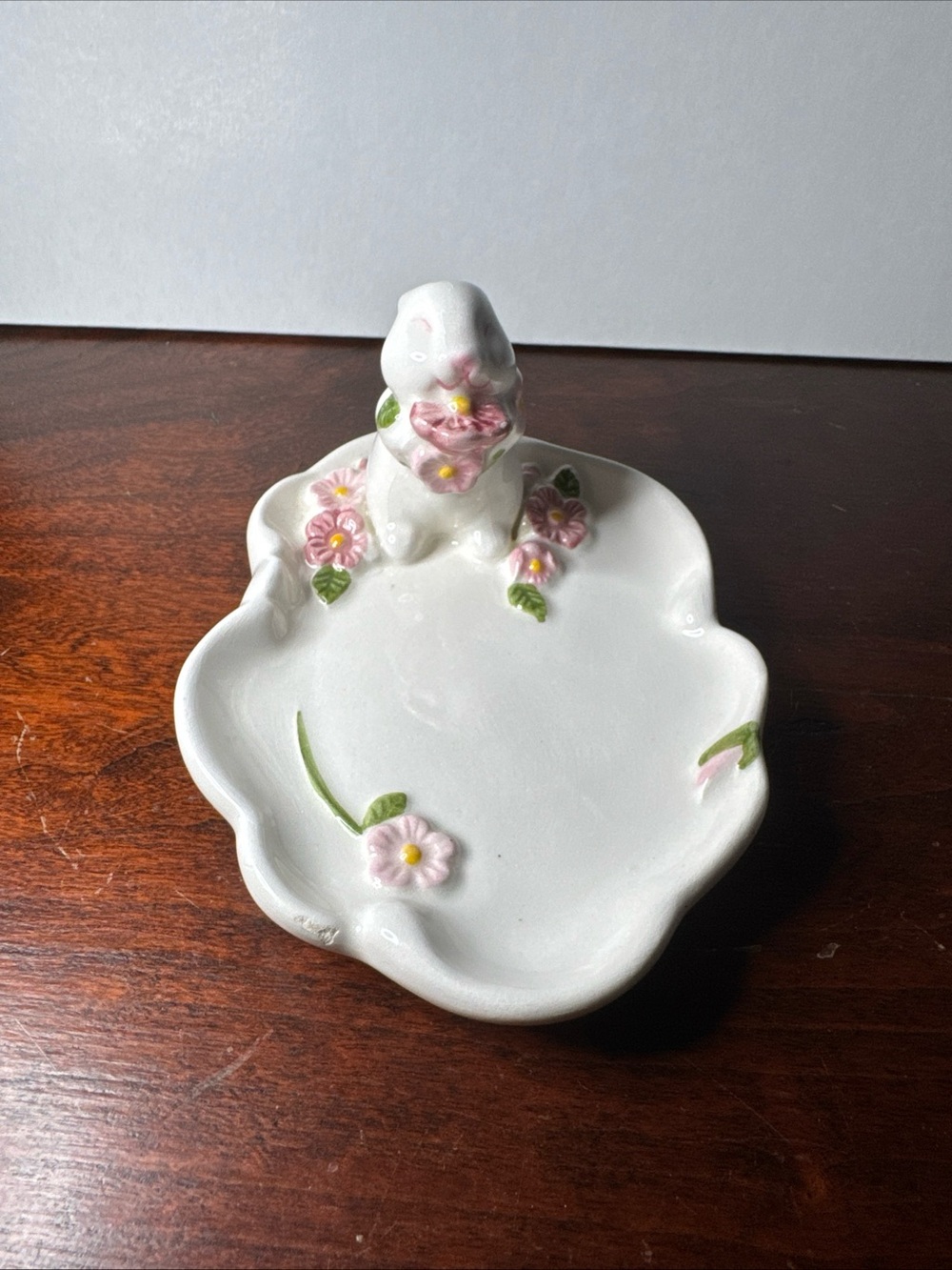 Avon White Ceramic Bunny Dish with Pink Floral Accents bunny love